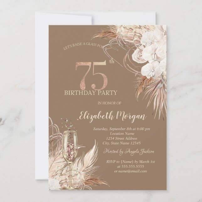 Boho blommor,Champagneglas,Terrakotta 75-årsdag Inbjudningar (Framsida)