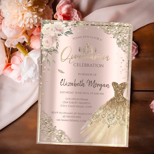 Boho blommor, Diamantdräkt Rosa Guld Quinceañera Inbjudningar (Skapare uppladdad)