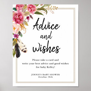 Boho Blommor & Fjädrar Rådgivningskort Displayskyl Poster