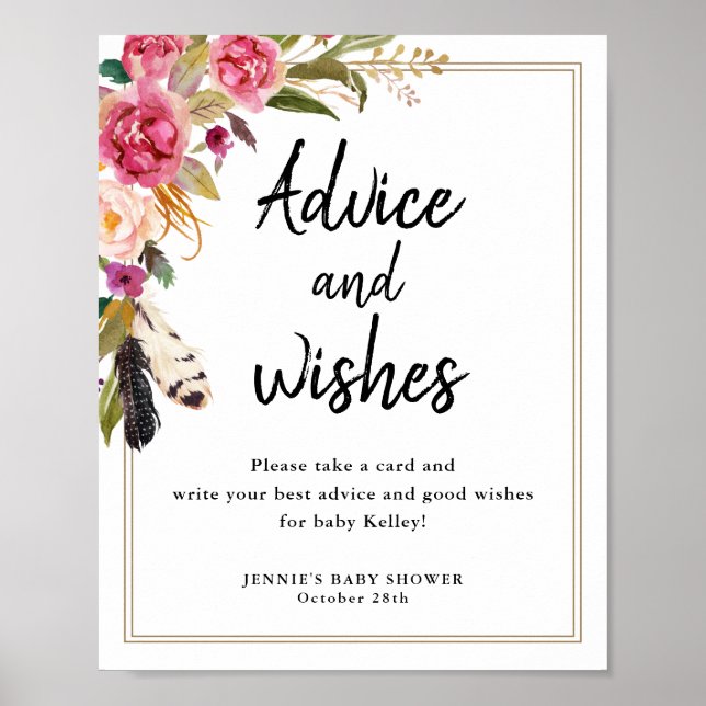 Boho Blommor & Fjädrar Rådgivningskort Displayskyl Poster (Framsidan)