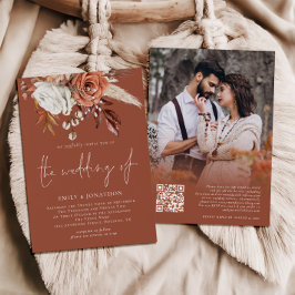 Boho Blommor Foto QR-kod Terrakotta Bröllop Inbjudningar