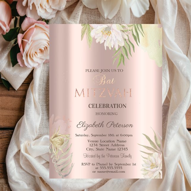 Boho blommor Glitter Drips Rose Guld Bat Mitzvah   Inbjudningar (Skapare uppladdad)
