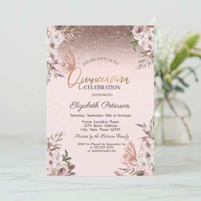 Boho blommor glitter fjärilar Quinceañera Inbjudningar (Stående Fram)