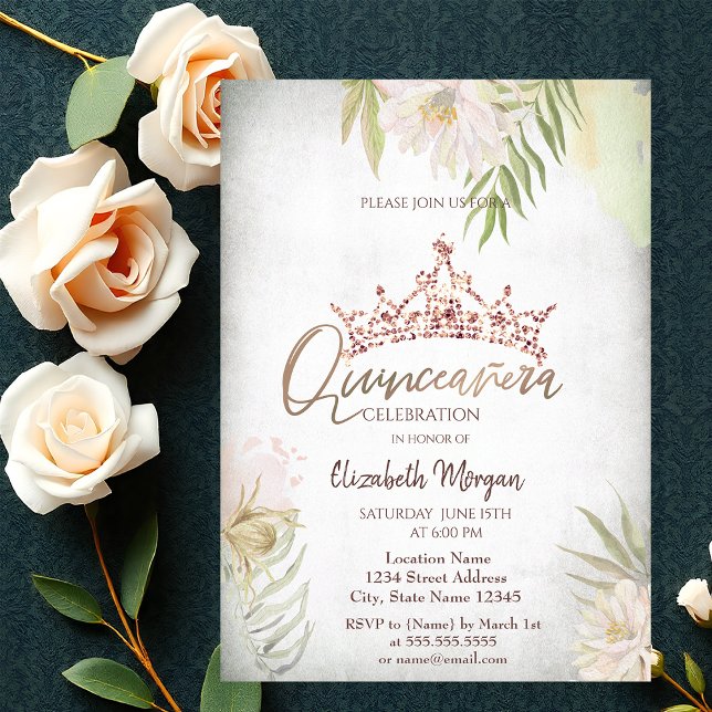 Boho blommor Glitter krona Quinceañera Inbjudningar (Skapare uppladdad)
