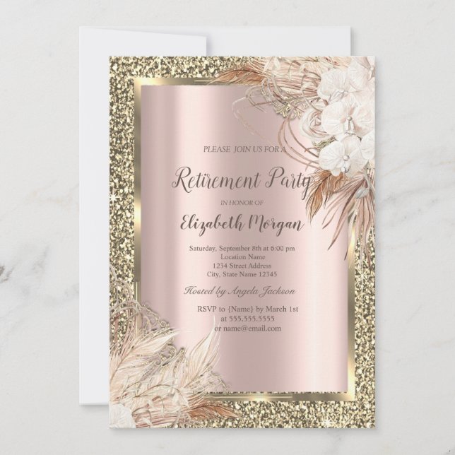 Boho blommor, glitter, rose gold pensionering inbjudningar (Framsida)