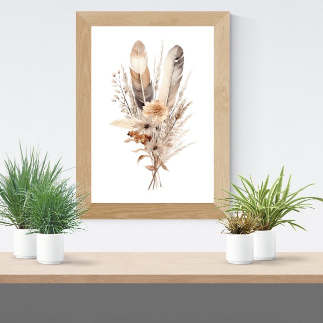 Boho blommor Grå Beige Bruna Fjädrar Botanik Poster (Boho Bohemian Floral Feathers Botanicals, Neutral Colors Wall Art poster  Brown Beige Cream Gray)