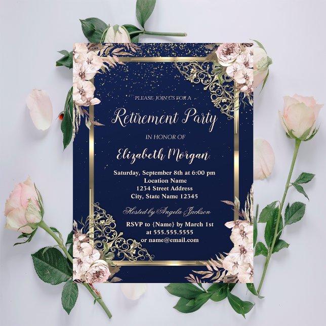 Boho blommor Guld ram Navyblå Pension  Inbjudningar (Skapare uppladdad)