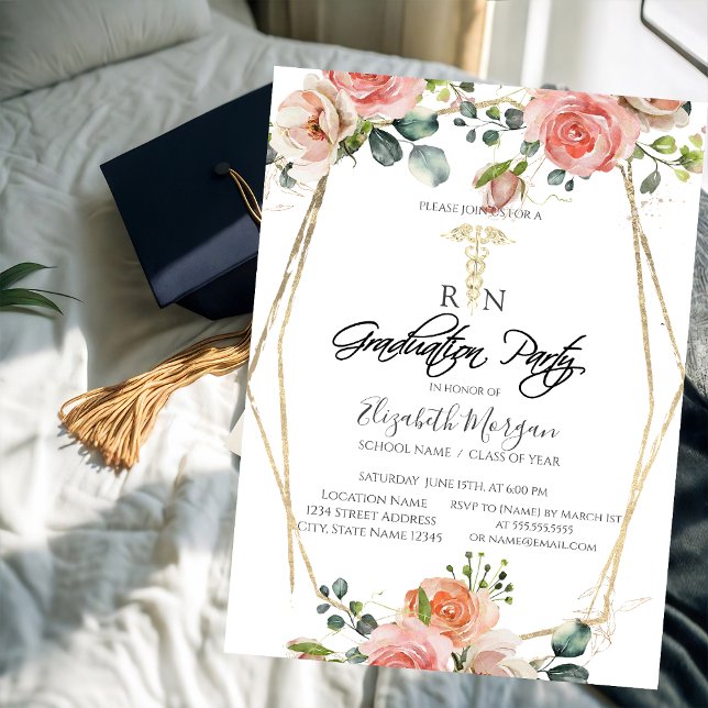 Boho blommor Guld ram RN Sjuksköterska Examen Fest Inbjudningar (Skapare uppladdad)