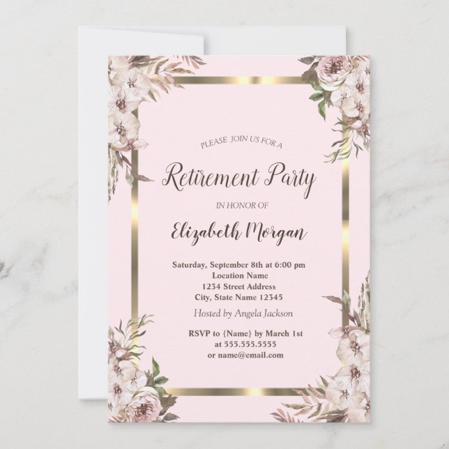 Boho blommor guld ram rosa pension  inbjudningar (Framsida)