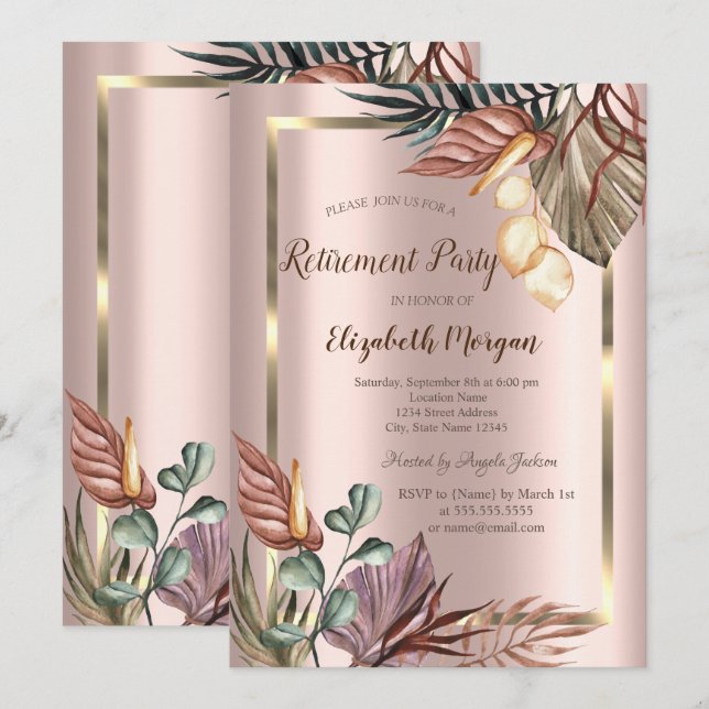 Boho Blommor Guld Ram, Roséguld Pensionering Inbjudningar (Fram/baksida)