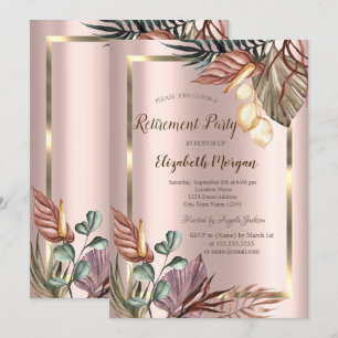 Boho Blommor Guld Ram, Roséguld Pensionering Inbjudningar