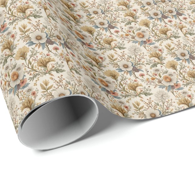 Boho blommor i beige presentpapper (Rullad Hörn)