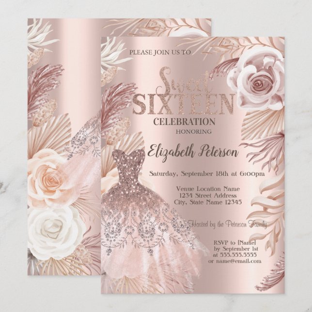 Boho blommor klänning rose gold Sweet 16 inbjudan (Fram/baksida)
