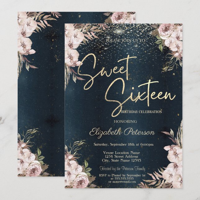 Boho Blommor Konfetti Mörkblå Sweet 16 Inbjudningar (Fram/baksida)