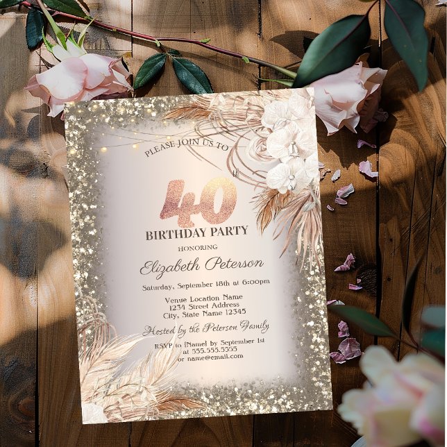 Boho Blommor, Ljus Glitter Ram 40-årsdag Inbjudningar (Skapare uppladdad)