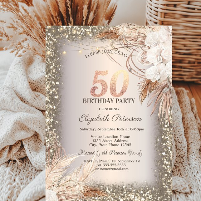 Boho Blommor,Ljus Glitter Ram 50-årsdag Inbjudningar (Skapare uppladdad)