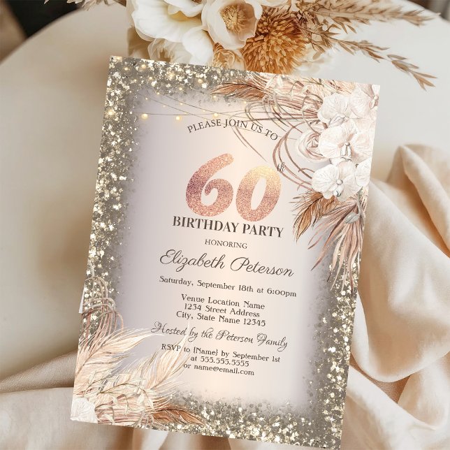 Boho Blommor, Ljus Glitter Ram 60-årsdag Inbjudningar (Skapare uppladdad)