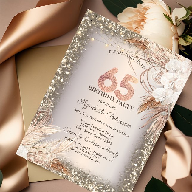Boho Blommor, Ljus Glitter Ram 65-årsdag Inbjudningar (Skapare uppladdad)