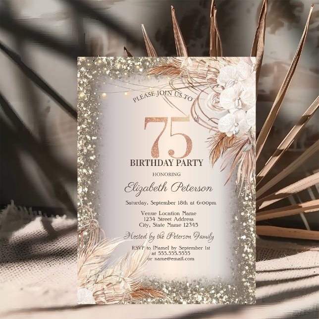 Boho Blommor, Ljus Glitter Ram 75-årsdag Inbjudningar (Skapare uppladdad)