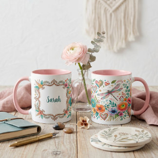 Boho blommor och personlig trollslända mugg