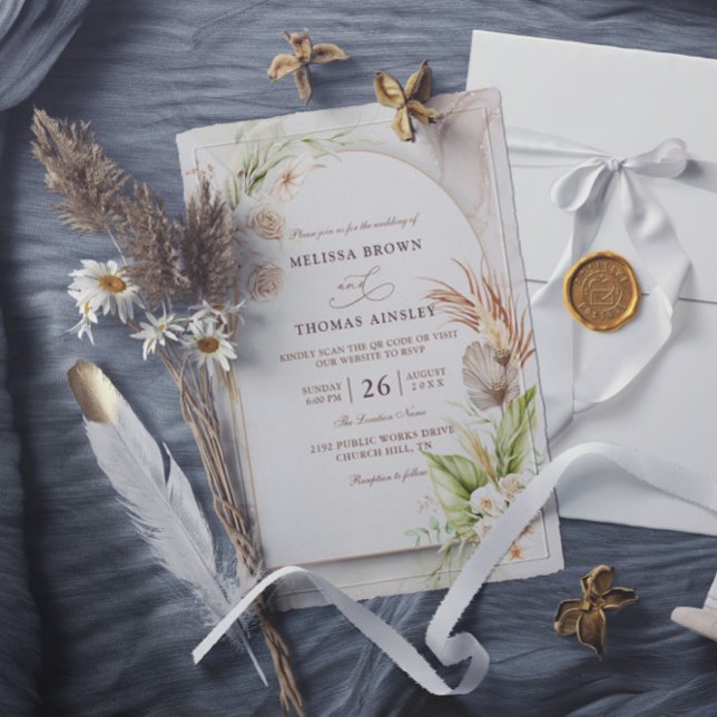 Boho Blommor Pampas Budget QR-kod Bröllop Inbjudningar (Skapare uppladdad)