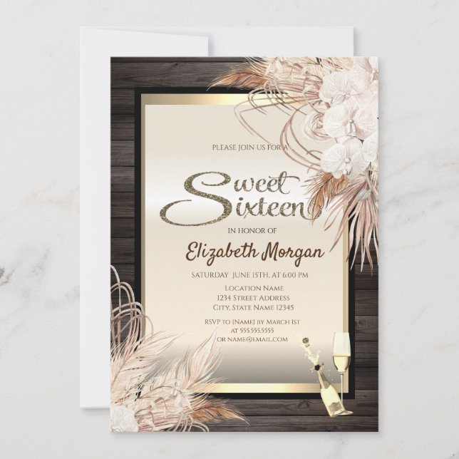 Boho blommor Pampas gräs Trä Sweet 16 Inbjudningar (Framsida)