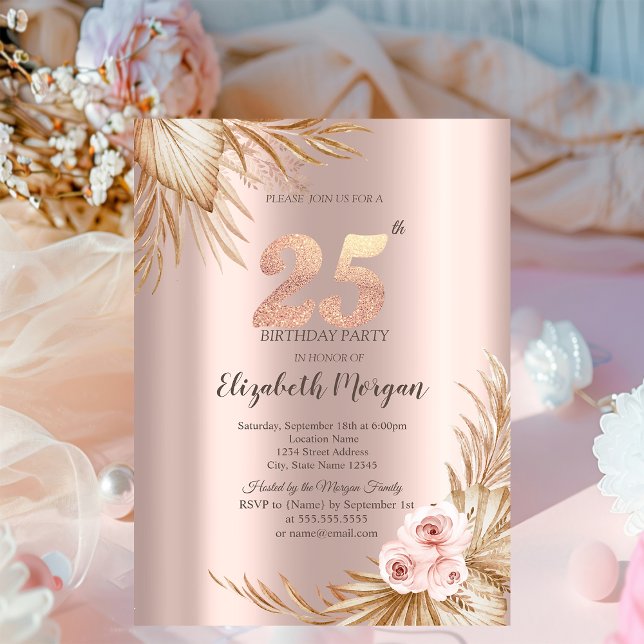 Boho Blommor Pampas Rosa Guld 25-års Födelsedag Inbjudningar (Skapare uppladdad)
