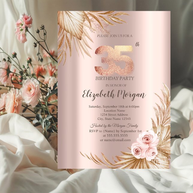 Boho blommor Pampas Rosa Guld 35-års födelsedag Inbjudningar (Skapare uppladdad)