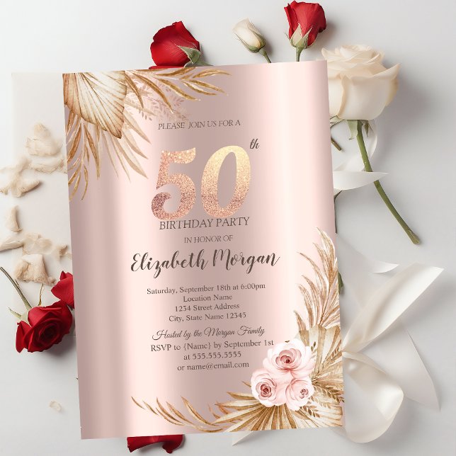 Boho Blommor Pampas Rosa Guld 50-års Födelsedag Inbjudningar (Skapare uppladdad)