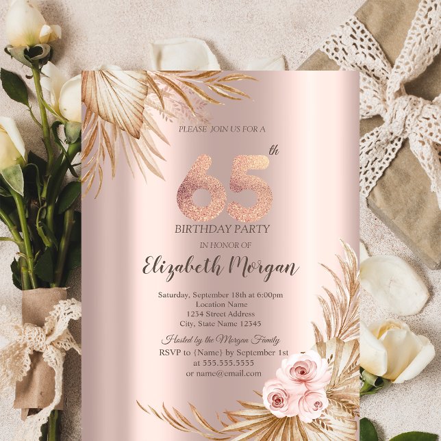 Boho Blommor Pampas Rosa Guld 65-årsdag Inbjudningar (Skapare uppladdad)