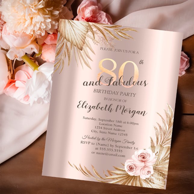 Boho blommor Pampas Rosa Guld 80-årsdag Inbjudningar (Skapare uppladdad)