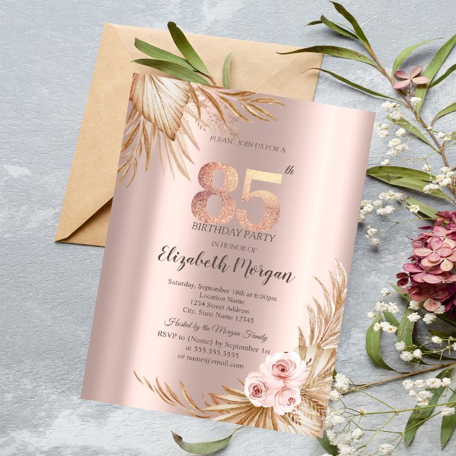 Boho blommor Pampas Rosa Guld 85-årsdag Inbjudningar (Skapare uppladdad)