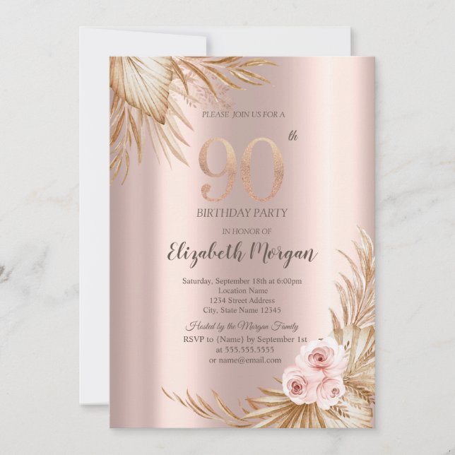 Boho blommor Pampas Rosa Guld 90-årsdag Inbjudningar (Framsida)