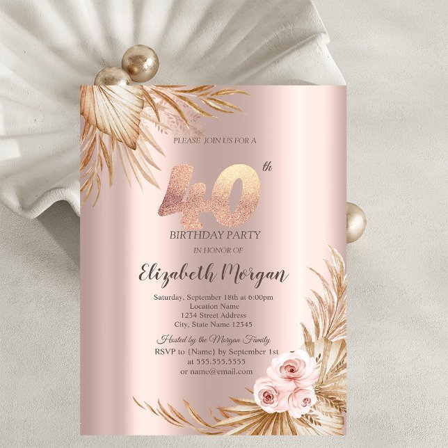 Boho blommor Pampas Rose Guld 40-årsdag  Inbjudningar (Skapare uppladdad)