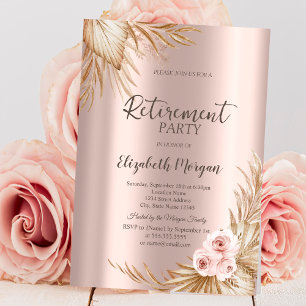 Boho blommor Pampas Rose Guld Pensionärsfest Inbjudningar