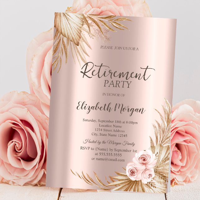 Boho blommor Pampas Rose Guld Pensionärsfest Inbjudningar (Skapare uppladdad)