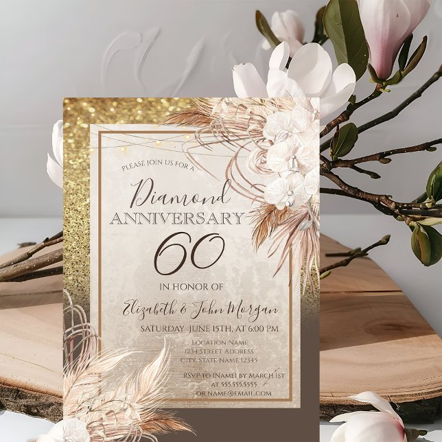 Boho blommor Pampasgräs Glitter Jubileum Inbjudningar (Skapare uppladdad)