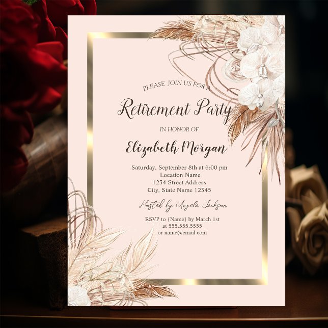 Boho blommor Pampasgräs Guld Ram Pensionering  Inbjudningar (Skapare uppladdad)