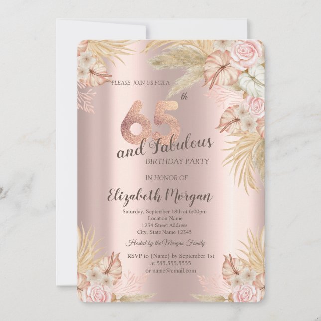 Boho blommor, Pampasgräs Rose Guld 65-årsdag Inbjudningar (Framsida)