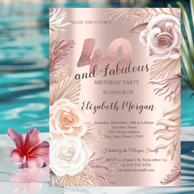 Boho Blommor Rosa Guld 40-års Födelsedagsfest Inbjudningar (Skapare uppladdad)