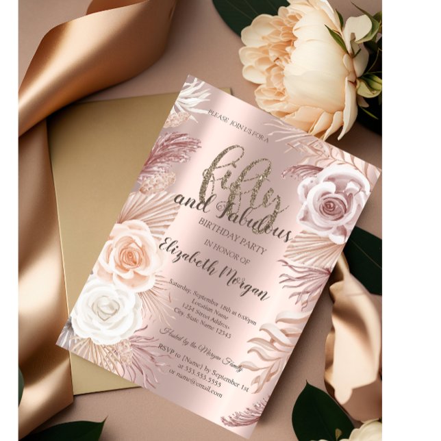 Boho Blommor Rosa Guld 50-års Födelsedagsfest Inbjudningar (Skapare uppladdad)