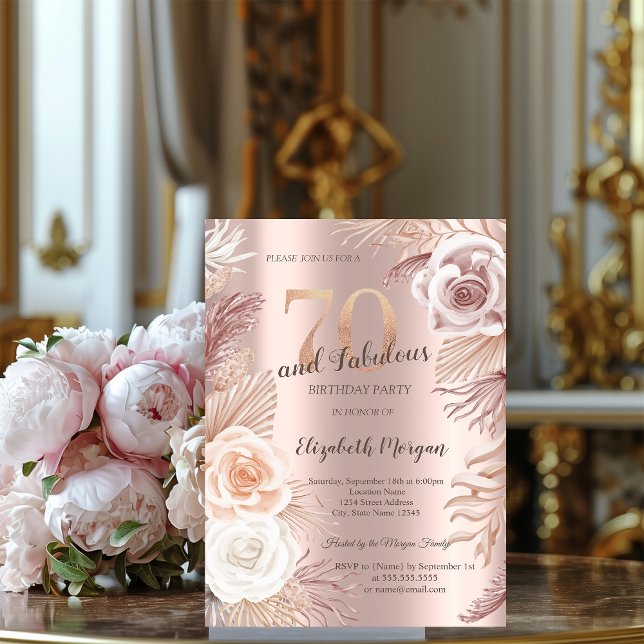 Boho Blommor Rosa Guld 70-års Födelsedagsfest Inbjudningar (Skapare uppladdad)