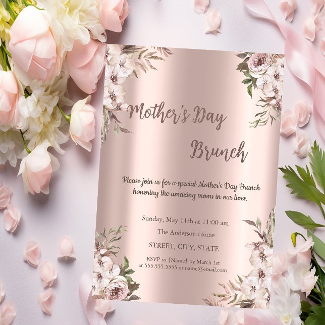 Boho blommor Rosa guld Morsdagsbrunch Inbjudningar (Skapare uppladdad)