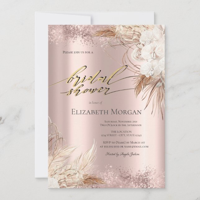 Boho blommor Rose Gold Konfetti Bröllopsdusch  Inbjudningar (Framsida)