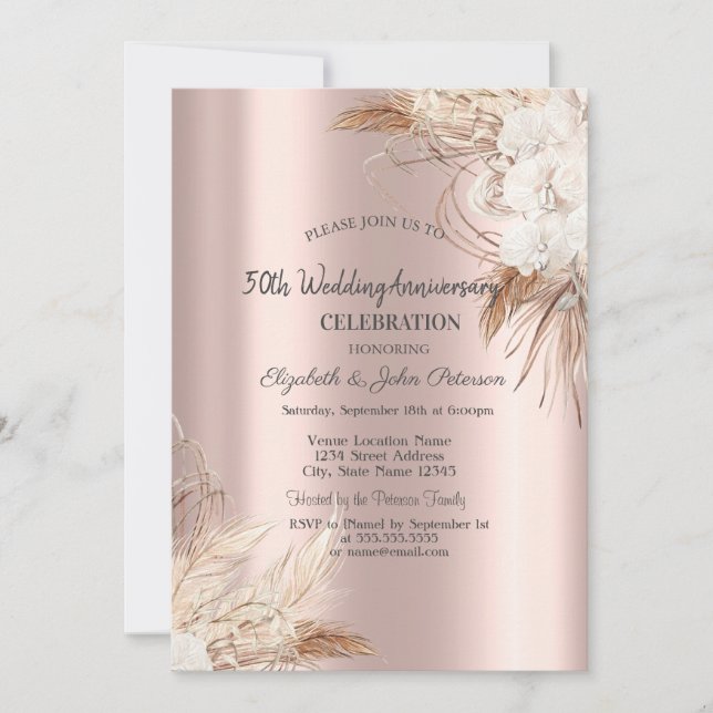 Boho blommor Rose Guld Bröllopsjubileum Inbjudningar (Framsida)