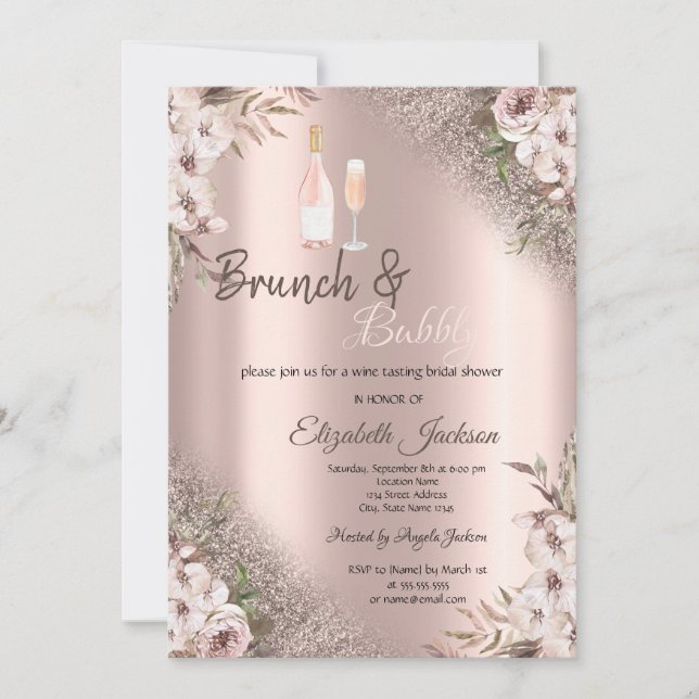Boho blommor Rose Guld Glitter  Brunch & Bubbly  Inbjudningar (Framsida)