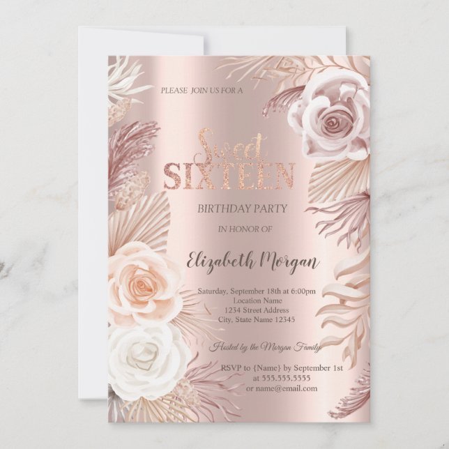Boho Blommor Rose Guld Sweet 16 Inbjudningar (Framsida)
