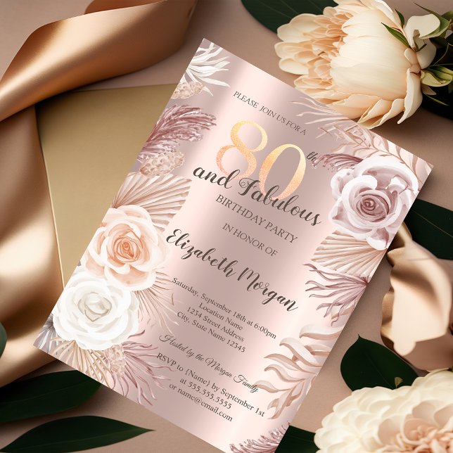 Boho Blommor Roséguld 80-årsdag Inbjudningar (Skapare uppladdad)
