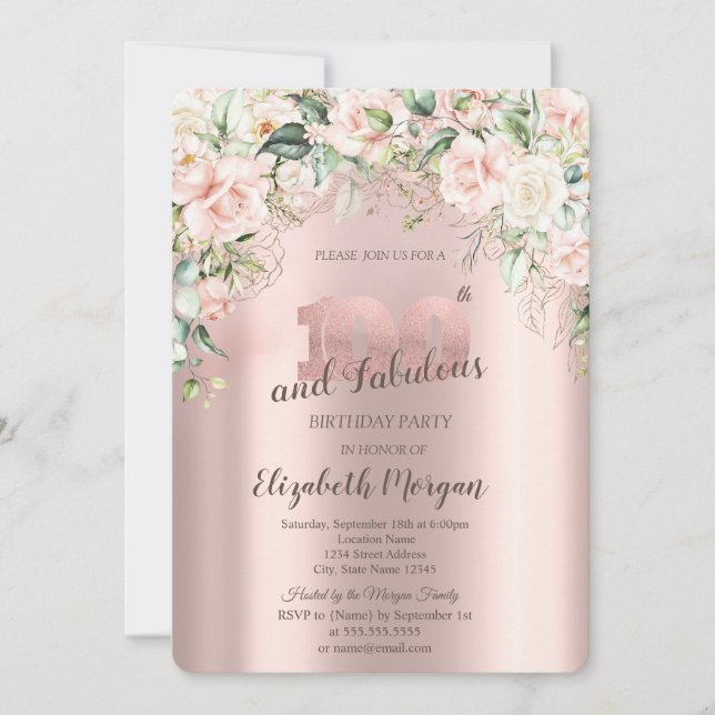 Boho blommor Rosor Roséguld 100-årsdag Inbjudningar (Framsida)