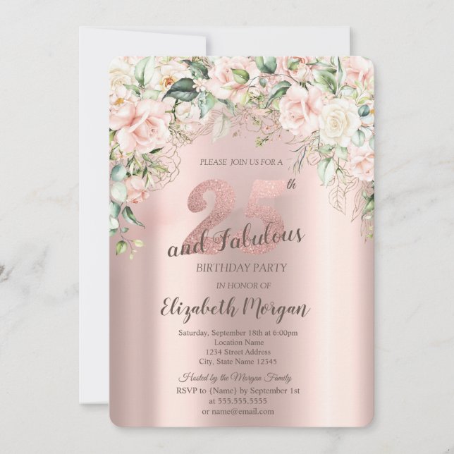 Boho Blommor Rosor Roséguld 25-årsdag Inbjudningar (Framsida)